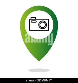 Photography location marker. Camera equipment symbol. Vivid green Vector. Extraordinary tourism spot. Stock Vector
