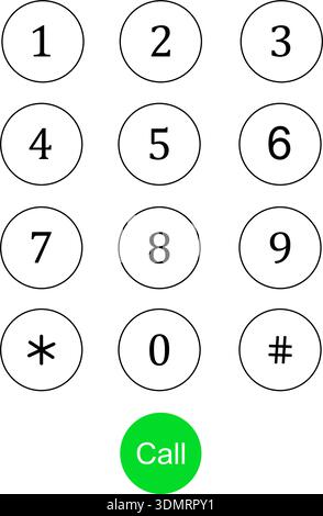Black vector icons of telephone keypad with numbers 0 to 9 star hash and green call button circular design modern communication interface Stock Vector