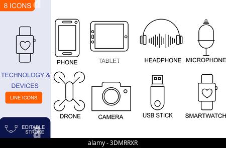 Black line vector icons of modern technology devices including phone tablet headphone microphone drone camera USB stick smartwatch editable stroke Stock Vector
