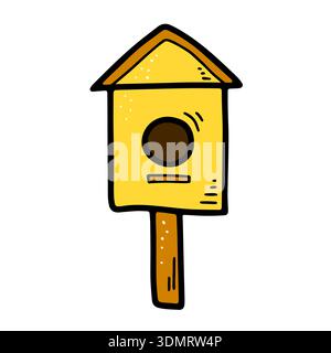 Doodle birdhouse on wooden pole. Hand drawn line nesting box isolated on white background. Garden decor for birds, spring, winter nature symbol. Minim Stock Vector
