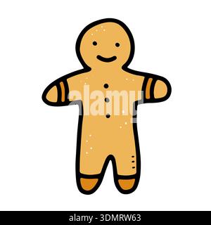 Gingerbread man cookie doodle. Hand drawn Christmas sweet character isolated on white background. Festive bakery dessert symbol, winter holiday decora Stock Vector