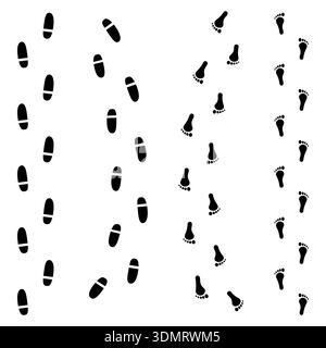 Human footprints and shoe prints vector path collection isolated on white background Stock Vector