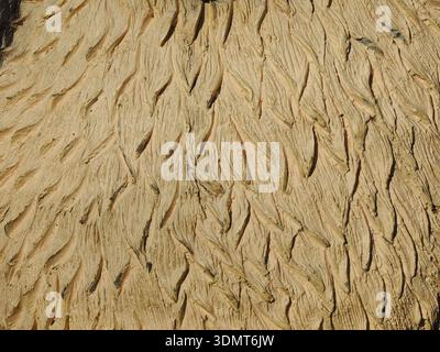 A fragment of the uneven surface of a hard object made of a hardened material with a curved and rough structure, painted light brown Stock Photo