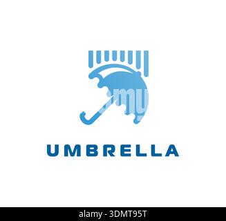Umbrella clean vector icon with stylized raindrops, symbolizing protection and safety. Blue modern symbol for insurance companies, healthcare brands, children safety or weather services Stock Vector