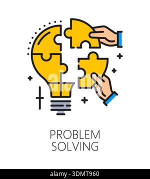 Problem solving life skill color line icon or label. Personality ability thin line vector pictogram, people quality sign. Problem solving life skill icon with jigsaw puzzle lightbulb and human hands Stock Vector
