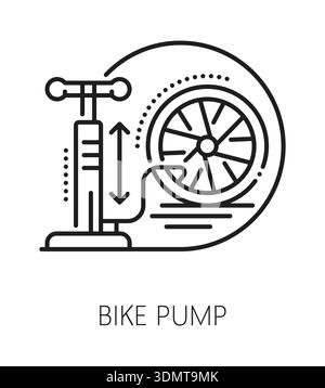 Bicycle wheel pump service line icon or symbol. Bike maintenance technical service linear sign, repair workshop vector icon. Bicycle equipment store or shop pictogram with hand air pump and bike wheel Stock Vector