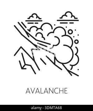 Avalanche natural disaster, environment accident line icon. Avalanche destruction accident linear icon, natural disaster vector symbol. Environmental cataclysm sign with snow rushing from mountain Stock Vector