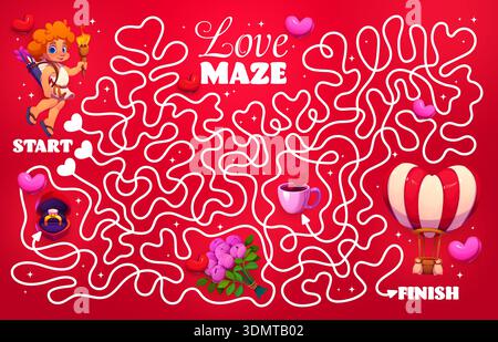 Labyrinth maze game with valentine cherub cupid and holiday gifts. Cartoon angel character guiding a love journey through rings, hearts, flowers, and coffee to a heart shaped hot air balloon finish Stock Vector
