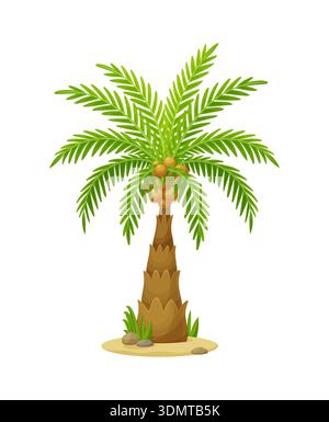 Cartoon tropical palm tree with green leaves, brown trunk, coconuts, sand, stones and grass. Isolated vector island plant with natural foliage, exotic summer vacation scenery, paradise beach flora Stock Vector