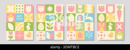 Four geometric Easter posters featuring vibrant patterns and symbols Stock Vector