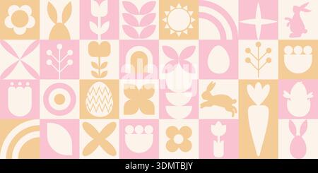 Geometric Easter banner featuring pastel shapes and holiday symbols Stock Vector