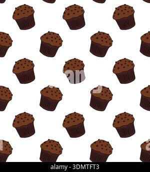 Vector seamless pattern with muffins on a white background. Cafe seamless pattern. hand drawn illustration. Vector graphic line ink colored art. For l Stock Vector