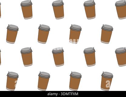 Takeaway disposable coffee cup Cafe seamless pattern. hand drawn illustration. Vector graphic line ink colored art. background for banners, print for Stock Vector