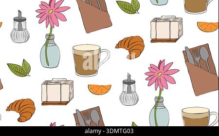 Cafe seamless pattern. hand drawn illustration. Vector graphic line ink colored art. Cute background with bizarre pottery objects. Wallpaper, wrapping Stock Vector