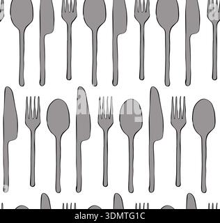 Spoons, fork, knife Cafe seamless pattern. hand drawn illustration. Vector graphic line ink colored art. Perfect for dining themed textiles and kitche Stock Vector
