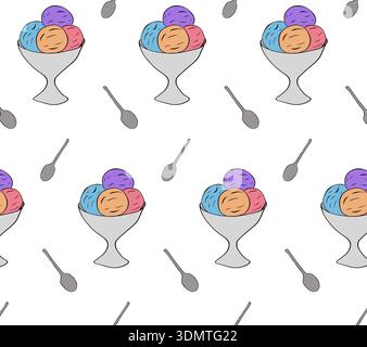 Seamless pattern of summer ice cream cartoon. Cafe seamless pattern. hand drawn illustration. Vector graphic line ink colored art. For logo, web, pack Stock Vector