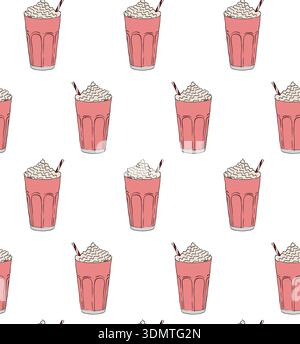 Milkshake cup Cafe seamless pattern. hand drawn illustration. Vector graphic line ink colored art. idea for a poster, postcard, t-shirt. Sample poster Stock Vector