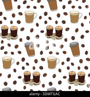 Coffee drink seamless vector pattern,Cafe seamless pattern. hand drawn illustration. Vector graphic line ink colored art. , design for coffee shop dec Stock Vector