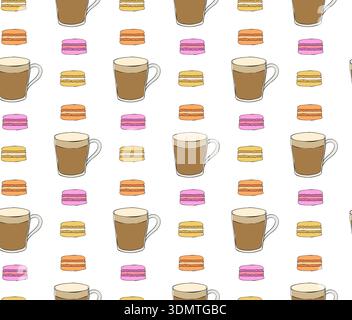 latte cup, macarons, Cafe seamless pattern. hand drawn illustration. Vector graphic line ink colored art. design for fashion graphics, textile prints, Stock Vector