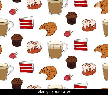 Coffee, croissant, muffin Cafe seamless pattern. hand drawn illustration. Vector graphic line ink colored art. Childish print for wrapping paper, part Stock Vector