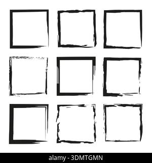 Nine square frames. Grunge grid pattern. Black ink vector. Abstract box layout. Stock Vector