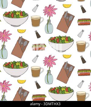 salad, coffee Cafe seamless pattern. hand drawn illustration. Vector graphic line ink colored art. Perfect for cafe logo, branding, packaging, labels, Stock Vector