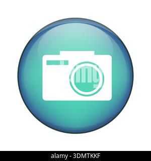 Camera device symbol. Photo capture icon. Picture taking Vector gadget. Blue green button. Stock Vector