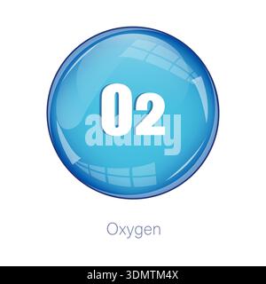 Oxygen gas icon. Cyan air sphere. Chemical O2 Vector. Glossy formula button. Stock Vector