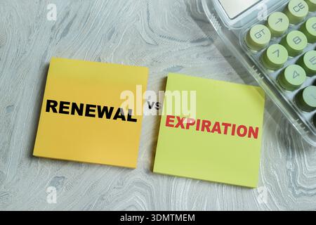 Concept of renewal vs expiration write on sticky notes isolated on Wooden Table. For business contract, license status and expired documents Stock Photo