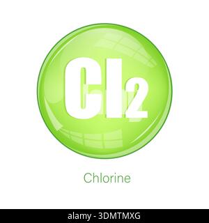 Chlorine gas symbol. Cl2 chemical icon. Green glossy sphere. Vector science element. Stock Vector