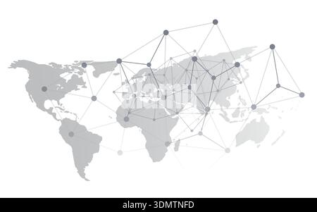 Abstract world map illustration with interconnected nodes and geometric wire frame, lines representing global telecommunication, digital networks, and Stock Vector