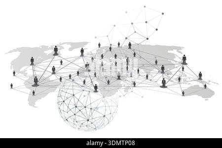 World Map, Connected People, Figures Representing Users or Partners, Nodes on a Polygonal Globe Mesh - Black and White Modern Minimal Style Network St Stock Vector