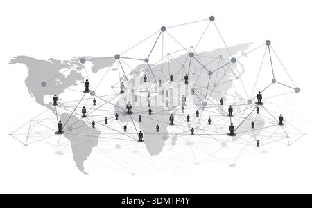 Digital illustration depicting human figures as nodes connected across a transparent geometric wire frame and world map. Black and white minimalist de Stock Vector