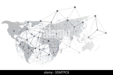 Abstract digital illustration featuring a geometric wireframe globe and world map with interconnected polygonal nodes and network lines. Modern minima Stock Vector