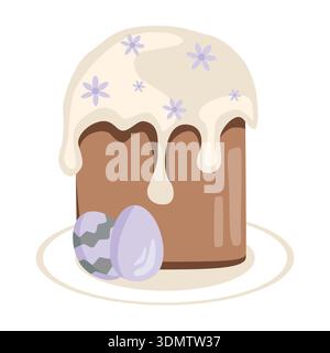 An Easter cake with white icing and flowers next to purple Easter eggs on a plate. Isolated on a white background. Suitable for themed designs. Stock Vector