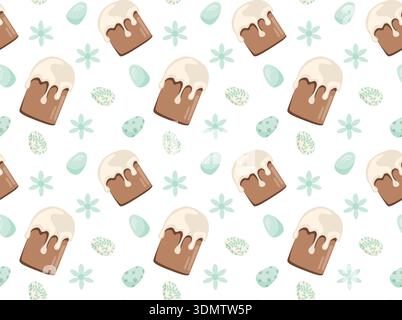 Easter cake with white icing surrounded by green Easter eggs and flowers. Seamless vector pattern. Perfect for themed holiday designs. Stock Vector