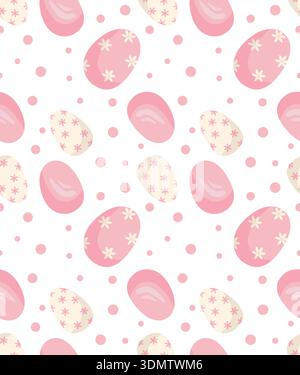Easter pink eggs and dots. Seamless vector pattern. Festive pattern with eggs in geometric and floral patterns. Suitable for prints, apparel, backgrou Stock Vector