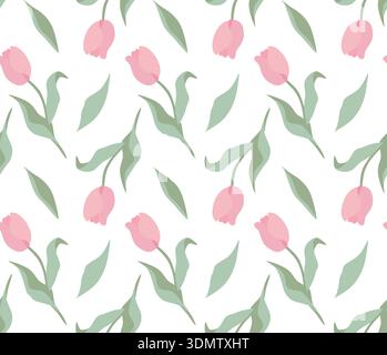 Seamless pattern with pink tulip illustrations and green leaves on a white background, creating a fresh and delicate floral design for textiles, wallp Stock Vector