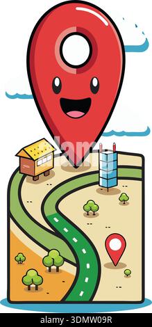 This cartoon map features a red pin, marking a specific location. The ...