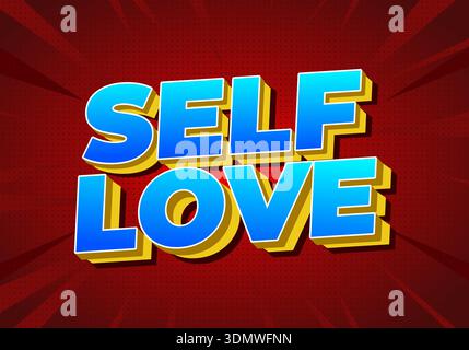 A vibrant graphic design featuring the words Self Love in bold, colorful typography against a red background with a burst effect. Stock Vector