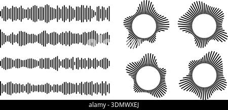 Audio waveform set with radial burst patterns and horizontal frequency lines. Stock Vector