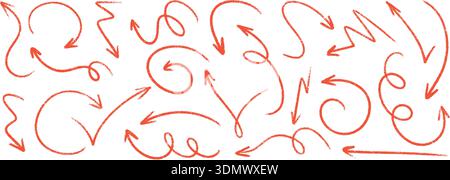 Crayon arrow sketches with chalk and pencil textures of red pointers. Stock Vector