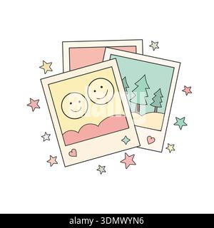 Instant Photo Memories With Smiley Faces And Pine Trees Surrounded By Stars Stock Vector