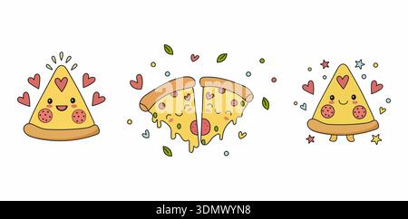Cute Pizza Slices With Smiling Kawaii Faces And Hearts Set Stock Vector