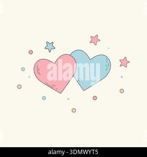 Two Interlocking Pastel Hearts With Decorative Stars And Polka Dots For Romantic Occasions Stock Vector