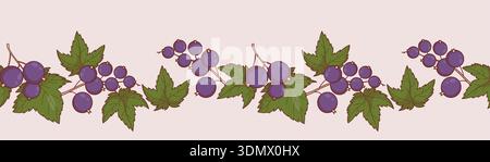 Branches Blackcurrant Seamless Border. Summer Berries with Leaves on Light Background. Botanical horizontal template Ornament. Vector illustration Stock Vector