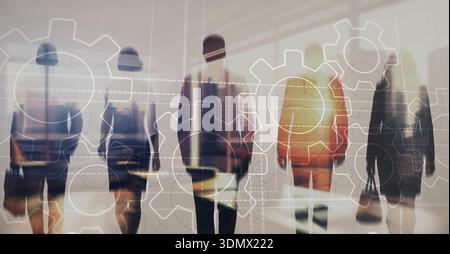 Business process automation concept with mechanical gears and digital icons on abstract blue background. Stock Photo