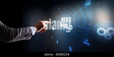 Web3 Shield, Cybersecurity, Advanced Web3 shield technology with blockchain protection protocols. Stock Photo