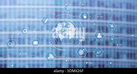 Global Digital Network Analytics with Secure Data Exchange and World Map Visualization. Stock Photo