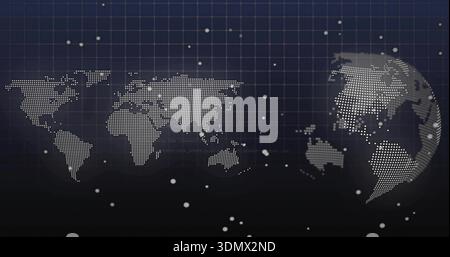 Displaying stylized dotted world map and 3D globe on virtual dashboard, with grid overlay Stock Photo